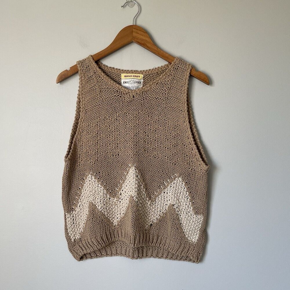 Emily's Closet Vintage Hand-Knit Top Sleeveless Tan Cream Women's Size Large